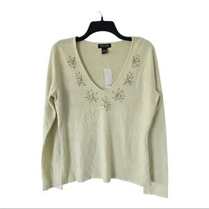 New York & Company Women Embellished Sweater Sz L Green Beaded Long Sleeve Knit